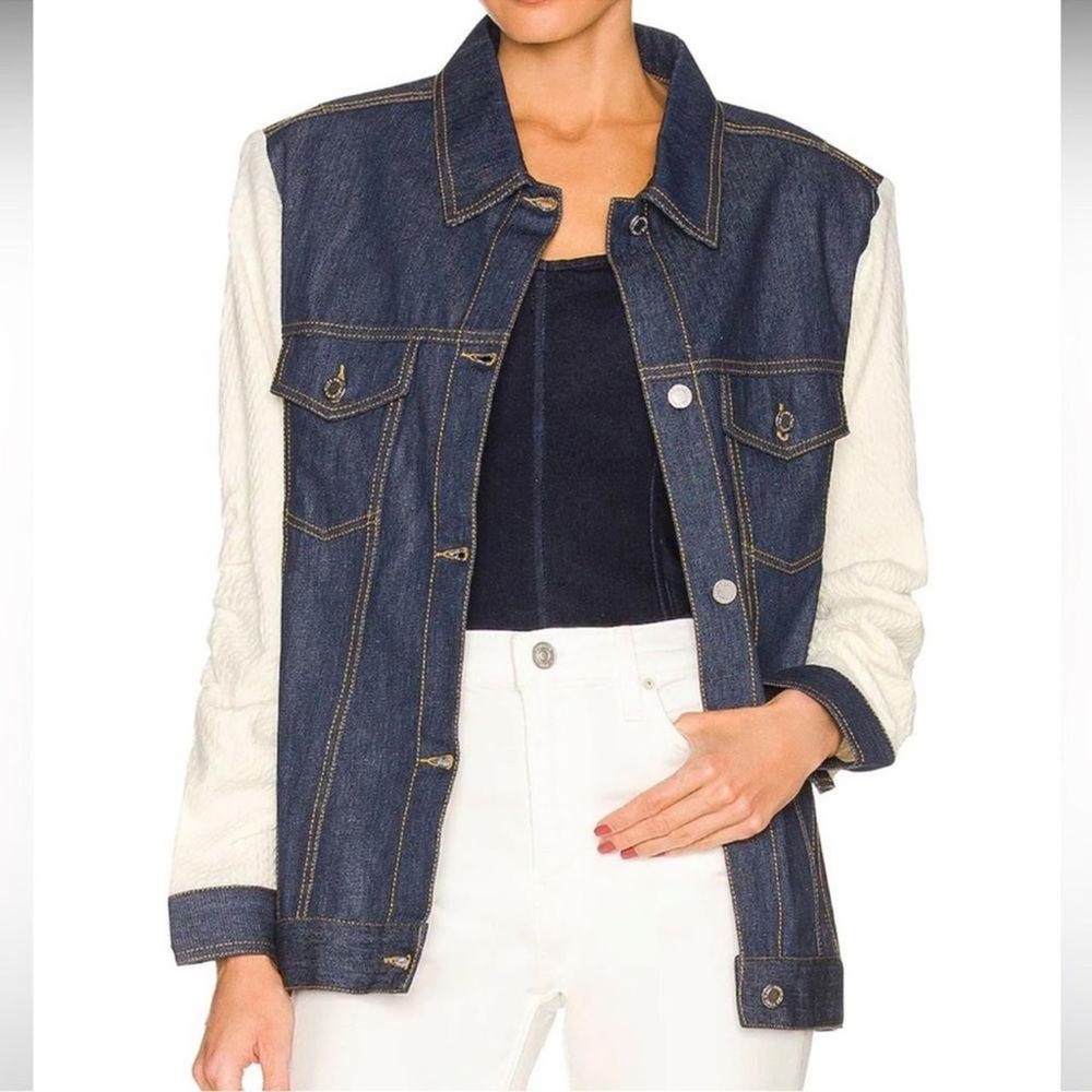 WeWoreWhat Oversized Cable Knit Sleeve Denim Jacket in Blue and Cream